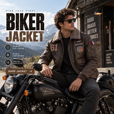 Biker jacket ad creative shot on location with a motorcycle
