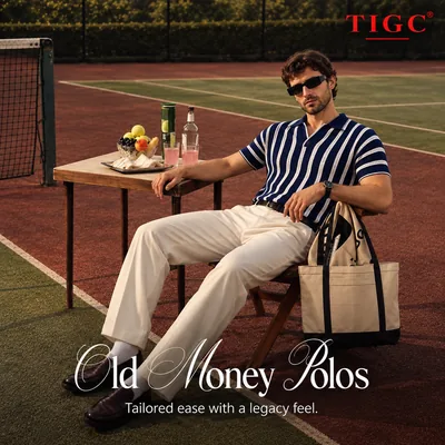 Striped polo ad creative for TIGC, shot on a tennis court