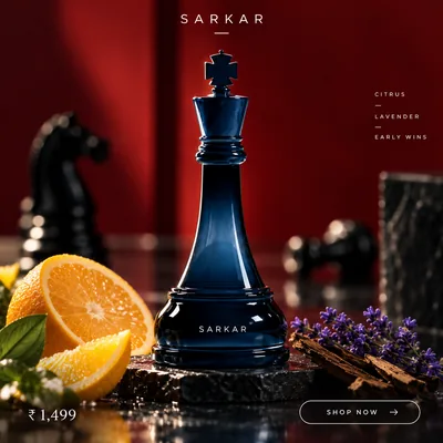 Luxury perfume product ad creative on a dark set