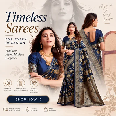Festive saree collection ad creative with product benefit icons